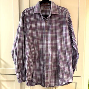 Peter Millar Button Up Purple and Blue Plaid Shirt Men’s size Large 100% Cotton‎